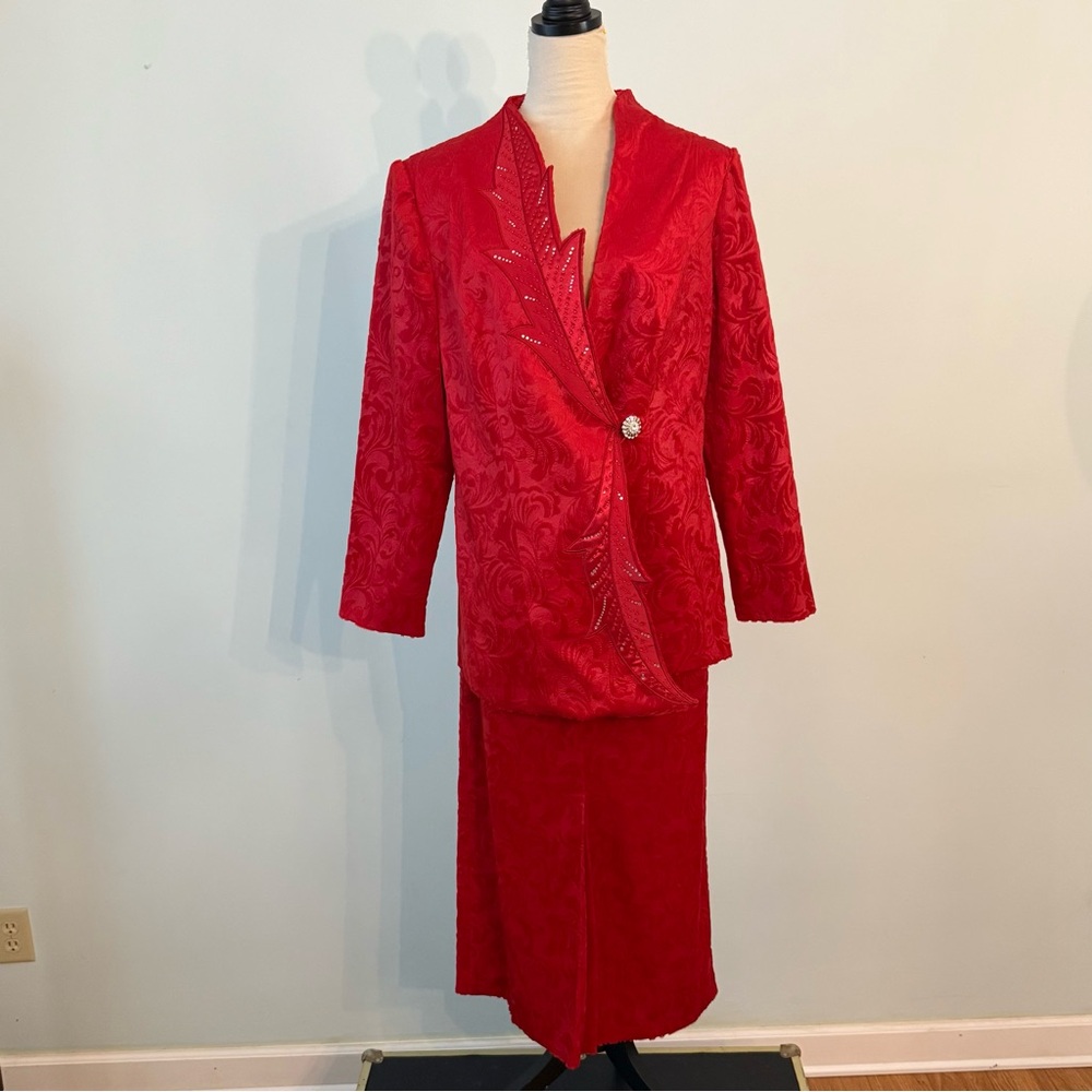 ♥️ Francesca Belle by Larry Levine Red Brocade Skirt Suit – 1990s Sz 12/14